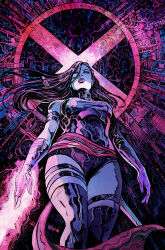  1girl abstract_background blue_leotard energy_blade gloves halter_leotard halterneck highleg highleg_leotard highres holding holding_sword holding_weapon leotard letter long_hair marvel psylocke purple_hair purple_leotard sash science_fiction superhero_costume sword thigh-highs vinartwork waist_sash weapon western_comics_(style) x-men 