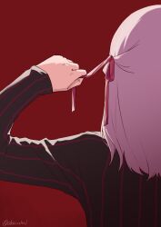  1girl akairo421 arm_up black_dress dark_sakura dress fate/stay_night fate_(series) from_behind hair_ribbon heaven&#039;s_feel highres long_hair matou_sakura pink_ribbon red_background ribbon solo white_hair 