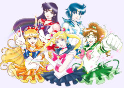  5girls :d ;d absurdres aino_minako armpits back_bow bishoujo_senshi_sailor_moon bishoujo_senshi_sailor_moon_(first_season) bishoujo_senshi_sailor_moon_stars black_hair blonde_hair blue_bow blue_choker blue_eyes blue_hair blue_sailor_collar blue_skirt bow bowtie breasts brooch brown_hair burning burning_paper choker circlet clenched_hands collarbone commentary_request cowboy_shot crescent crescent_choker crescent_earrings derivative_work double_bun double_v earrings elbow_gloves electricity fire fist_pump foreshortening gloves green_brooch green_eyes green_sailor_collar green_skirt hair_bobbles hair_bow hair_bun hair_ornament half_updo heart heart_choker highres hino_rei holding holding_ofuda inner_senshi jewelry kino_makoto layered_skirt lips long_hair looking_at_viewer magical_girl mizuno_ami multiple_girls ofuda one_eye_closed open_mouth orange_choker orange_sailor_collar orange_skirt outstretched_arm outstretched_arms petals photoshop_(medium) pink_bow pink_bowtie pink_skirt pleated_skirt pointing pointing_at_viewer pointing_up ponytail puffy_short_sleeves puffy_sleeves purple_bow purple_bowtie rainbow red_bow red_brooch red_choker red_sailor_collar red_skirt sailor_collar sailor_jupiter sailor_mars sailor_mercury sailor_moon sailor_moon_pose sailor_senshi sailor_senshi_uniform sailor_venus shirt short_hair short_sleeves simple_background skirt small_breasts smile star_(symbol) star_brooch star_choker star_earrings super_sailor_jupiter_(stars) super_sailor_mars_(stars) super_sailor_mercury_(stars) super_sailor_venus_(stars) swept_bangs transformation_brooch_(sailor_moon) tsukino_usagi twintails v very_long_hair violet_eyes wheather white_background white_gloves white_shirt yellow_choker yellow_star 