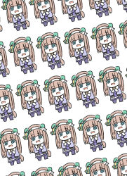  1girl @_@ animal_ears blue_eyes bow brown_hair chibi ears_down highres horse_ears horse_girl horse_tail kawamochi_(tddm3573) long_hair long_sleeves open_mouth pantyhose pleated_skirt puffy_long_sleeves puffy_sleeves purple_pantyhose purple_shirt purple_skirt recurring_image school_uniform shirt silence_suzuka_(umamusume) simple_background skirt standing tail tracen_school_uniform umamusume very_long_hair wavy_mouth white_background white_bow 