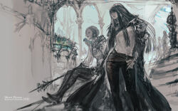  2020 2girls animal_on_shoulder armor artist_name bird bird_on_shoulder boots cape earrings jewelry long_hair multiple_girls original pants people pillar pointy_ears short_hair sitting sitting_on_stairs staff stairs takahashi_kazuya thigh_boots 