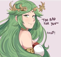  1girl ancient_greek_clothes armlet artist_name bare_shoulders breasts chiton circlet dress english_text forehead_jewel gold greco-roman_clothes green_eyes green_hair highres jewelry karbuitt kid_icarus kid_icarus_uprising large_breasts laurel_crown long_hair neck_ring palutena parted_bangs smile solo strapless strapless_dress upper_body very_long_hair white_dress 