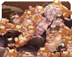  1boy animal bare_pectorals black_jacket black_pants dog hair_between_eyes highres jacket kikan_(kikanoe) kimetsu_no_yaiba lying male_focus on_back one_eye_closed open_clothes open_mouth open_shirt pants pectorals petting shiba_inu shinazugawa_sanemi short_hair solo toned toned_male white_hair 