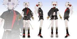  1boy absurdres animal_ears black_headband fur-tipped_tail geneng headband highres lingyang_(wuthering_waves) lion_boy lion_ears lion_tail looking_at_viewer male_focus ponytail reference_sheet solo tacet_mark_(wuthering_waves) tail white_hair wuthering_waves 