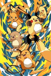  alolan_raichu blue_eyes brown_eyes debudebumetabo electricity evolutionary_line fang fangs highres mega_pokemon mega_raichu_x mega_raichu_y multiple_tails no_humans one_eye_closed open_mouth orange_fur pichu pikachu pokemon pokemon_(creature) pokemon_focus pokemon_legends:_z-a raichu red_eyes regional_and_normal smile tail very_long_ears very_long_tail yellow_fur 