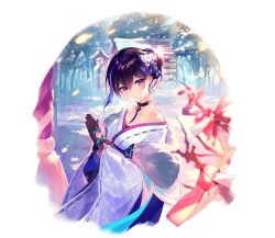  1girl black_choker black_gloves blue_bow blue_hair bow branch choker closed_mouth forcas gloves hair_bow hair_bun hair_ornament hatsumoude highres japanese_clothes kimono logo long_hair looking_at_viewer multicolored_hair new_year official_alternate_costume official_art outdoors phantom_of_the_kill praying shibuhiko shrine simple_background single_hair_bun smile snow solo standing third-party_source transparent_background tree two-tone_hair upper_body violet_eyes white_bow white_kimono 