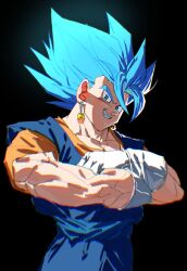  1boy black_background blue_eyes blue_hair blue_pants blue_sash blue_shirt cowboy_shot crossed_arms dragon_ball dragon_ball_super earrings gloves highres jewelry looking_at_viewer male_focus medium_hair muscular muscular_male orange_shirt pants parted_lips potara_earrings sash shirt simple_background smile smirk solo spiky_hair super_saiyan super_saiyan_blue tkht_9315 vegetto white_gloves 