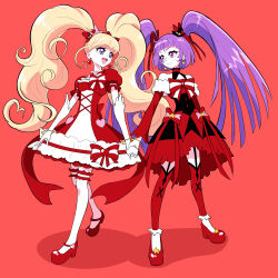  2girls absurdres asahina_mirai black_dress black_hat blonde_hair blue_eyes bow bracelet breasts closed_mouth commentary cure_magical cure_magical_(ruby_style) cure_miracle cure_miracle_(ruby_style) detached_sleeves dress earrings elbow_gloves emine_mutsu frilled_dress frilled_thighhighs frills full_body garter_straps gloves hair_bow hat heart heart_earrings highres holding_hands izayoi_liko jewelry long_hair looking_at_another magical_girl mahou_girls_precure! mini_hat mini_witch_hat multiple_girls open_mouth pink_hat precure puffy_short_sleeves puffy_sleeves purple_hair red_background red_bow red_dress red_shoes red_sleeves red_thighhighs shadow shoes short_sleeves small_breasts smile standing star_(symbol) star_earrings thigh-highs tilted_headwear twintails two-tone_bow two-tone_dress very_long_hair violet_eyes white_bow white_dress white_gloves white_thighhighs witch_hat 