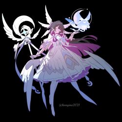  1girl absurdres adapted_costume black_hair bow closed_eyes columbina_(genshin_impact) dress eye_mask genshin_impact gloves hair_ornament head_wings highres hitachi_magic_wand hongmomo long_hair magical_girl multicolored_hair pink_hair sex_toy skirt smile streaked_hair two-tone_hair very_long_hair vibrator white_dress white_mask wings x-shaped_eyewear 