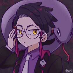 1boy arbok black_hair black_jacket collared_shirt corbeau_(pokemon) glasses hime_ringo jacket long_sleeves looking_at_viewer necktie pokemon pokemon_(creature) pokemon_legends:_z-a purple_shirt round_eyewear sharp_teeth shirt short_hair signature teeth undercut white_necktie yellow_eyes 