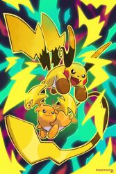 artist_name fang highres mega_raichu_x mega_raichu_y open_mouth orange_fur pokemon pokemon_(creature) pokemon_legends:_z-a raichu signature squeegool tail yellow_fur