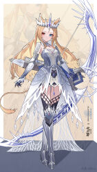  1girl absurdres alternate_costume animal_ears archetto_(arknights) arknights armor armored_dress arrow_(projectile) black_thighhighs blonde_hair blue_eyes blush bow_(weapon) commentary_request couter crown dress gloves greaves heterochromia highres jiuyu_qame lion_ears lion_tail long_hair looking_at_viewer monster_hunter:_world monster_hunter_(series) monster_hunter_world:_iceborne pauldrons poleyn red_eyes sabaton shoulder_armor solo tail thigh-highs velkhana weapon zoom_layer 