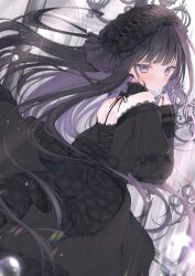  1girl absurdres bare_shoulders black_dress black_hair black_ribbon blush colored_inner_hair commentary_request detached_collar dress earrings frilled_dress frills gothic_lolita hairband highres jewelry lolita_fashion lolita_hairband long_hair long_sleeves looking_at_viewer looking_back multicolored_hair nail_polish no_bra off-shoulder_dress off_shoulder original purple_hair purple_nails revision ribbon solo tokito_setsuna violet_eyes 
