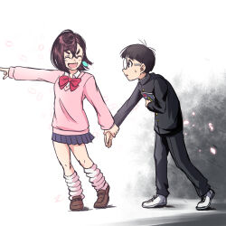  1boy 1girl assertive_female ayase_momo black_hair black_jacket black_pants blue_skirt blunt_bangs bow bowl_cut bowtie breasts brown_hair brown_shoes closed_eyes collared_shirt commentary_request cowl crossed_bangs dandadan earrings falling_petals full_body gakuran glasses hair_between_eyes highres holding holding_another&#039;s_wrist holding_magazine jacket jewelry light_blush loafers looking_at_another loose_socks magazine_(object) medium_breasts medium_hair open_mouth pants parted_lips petals pink_petals pink_sweater pleated_skirt pointing red_bow red_bowtie round_eyewear school_uniform shirt shirt_under_sweater shoes short_hair skirt smile sneakers socks sweatdrop sweater takakura_ken_(dandadan) thick_eyebrows white_background white_shirt white_shoes white_socks yuuri_(fukuroudou) 