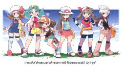  6+girls aqua_shorts backpack bag bandana baseball_cap beanie bike_shorts black_hair black_shirt black_socks blue_eyes blue_hair blue_overalls blue_shirt blue_shorts blue_sky boots bow bracelet breasts brown_eyes brown_hair bucket_hat closed_mouth clouds duffel_bag elaine_(pokemon) english_text fanny_pack gloves grass hair_ornament hairclip hat hat_bow highres hikari_(pokemon) holding holding_poke_ball jacket jewelry kneehighs kris_(pokemon) leaf_(pokemon) long_hair long_sleeves looking_at_viewer loose_socks lyra_(pokemon) may_(pokemon) multiple_girls newsboy_cap open_mouth overalls pink_boots pink_skirt poke_ball poke_ball_(basic) poke_ball_print pokegear pokemon pokemon_dppt pokemon_frlg pokemon_gsc pokemon_hgss pokemon_lgpe pokemon_rse poketch ponytail porkpie_hat rascal_(feuille) red_bandana red_hat red_scarf red_shirt red_skirt ribbon scarf shirt shoes short_sleeves shorts shorts_under_shorts shoulder_bag skirt sky sleeveless sleeveless_shirt smile socks thigh-highs twintails vs_seeker watch watch white_gloves white_hat white_thighhighs wristband yellow_bag yellow_hat yellow_shorts 