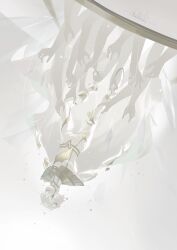  1boy absurdres betina_mascenon bodysuit brooch cape capelet cracked_skin dragging floating full_body gold_trim highres jewelry leg_grab male_focus nice_(to_be_hero_x) no_eyes people short_hair to_be_hero to_be_hero_x too_many_hands upside-down white_cape white_hair white_theme 