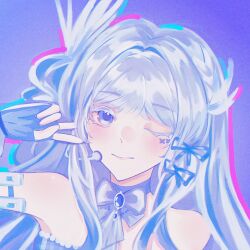  1girl bare_shoulders beads blue_bow blue_bowtie blue_brooch blue_choker blue_dress blue_eyes blue_gloves blue_ribbon bow bow_choker bowtie brooch choker closed_mouth colored_eyelashes detached_sleeves dress facepaint feather_hair_ornament feathers fingerless_gloves gloves grey_hair gusangyin hair_ornament hair_ribbon hand_on_own_cheek hand_on_own_face headset highres infinity_nikki jewelry light_blush lips long_hair nikki_(series) one_eye_closed one_side_up outline pink_lips pink_outline plaid_clothes plaid_dress purple_background ribbon sidelocks simple_background smile solo starry_nocturne_(infinity_nikki) strapless strapless_dress upper_body v wavy_hair white_sleeves 