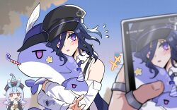  1other 2girls absurdres bare_shoulders black_hat blue_hair blush cellphone clorinde_(galaxy_store)_(genshin_impact) clorinde_(genshin_impact) commentary_request detached_sleeves eating flying_sweatdrops food genshin_impact hair_between_eyes hat highres holding holding_food holding_ice_cream holding_ice_cream_cone holding_phone holding_stuffed_toy ice_cream ice_cream_cone long_hair long_hair_between_eyes looking_at_viewer multiple_girls official_alternate_costume open_mouth phone pink_eyes purple_hair sakana_(fishchunk) shirt sigewinne_(galaxy_store)_(genshin_impact) sigewinne_(genshin_impact) smartphone stuffed_toy stuffed_whale taking_picture tongue tongue_out upper_body violet_eyes white_shirt 