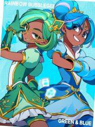  2girls blue_background blue_dress blue_eyes blue_gloves blue_hair blue_sapphire_(rainbow_bubblegem) boxing_gloves character_name commentary_request copyright_name cube dark-skinned_female dark_skin diamond_hair_ornament dress earrings emptyname0501 glasses gloves green_gloves green_hair green_leaf_(rainbow_bubblegem) hair_between_eyes highres jewelry korean_commentary long_hair looking_at_another looking_to_the_side magical_girl multicolored_hair multiple_girls puffy_short_sleeves puffy_sleeves rainbow_bubblegem round_eyewear short_hair short_sleeves simple_background smile streaked_hair symbol_in_eye yellow-framed_eyewear yellow_eyes zoom_layer 