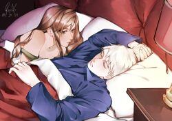  1boy 1girl axis_powers_hetalia brown_hair closed_eyes green_eyes hungary_(hetalia) lamp long_hair looking_at_another lying on_back on_bed pajamas pillow prussia_(hetalia) raphyraphadoom short_hair sleeping under_covers white_hair 