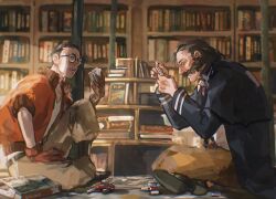  2boys black-framed_eyewear black_eyes black_hair black_jacket black_shoes book bookshelf brown_hair brown_pants chinese_commentary commentary_request day disco_elysium from_side full_body glasses gloves harry_du_bois highres holding indian_style indoors jacket kim_kitsuragi knee_up male_focus mature_male mimulishizi multiple_boys on_floor orange_gloves orange_jacket pants profile round_eyewear shoes short_hair sideburns sitting 