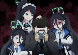  1boy 3girls absurdres age_comparison apron aqua_eyes aqua_halo aris_(blue_archive) badge black_hairband black_necktie black_souls black_souls_2 blazer blue_archive blue_necktie blue_ribbon collared_shirt doodle_sensei_(blue_archive) hairband halo hand_on_another&#039;s_head hands_on_own_head highres holding_another&#039;s_arm jacket long_hair long_sleeves looking_at_another maid maid_apron maid_headdress meme multiple_girls muzilana name_connection necktie parody ponytail red_eyes ribbon sensei_(blue_archive) shirt side_ponytail where_is_alice_(meme) white_headdress white_jacket white_shirt 