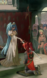  2boys aqua_eyes aqua_hair armor banner blue_eyes blue_hair brother_and_sister ch-eesecake chainmail dress drill_hair fine_art_parody hatsune_miku highres holding holding_sheath holding_sword holding_weapon hosen_(clothing) kagamine_len kagamine_rin kaito kaito_(vocaloid) kasane_teto kasane_teto_(utau) kite_shield kneeling knight knight_(ragnarok_online) knighting long_dress long_sword medieval megurine_luka meiko multiple_boys multiple_girls parody pillow pink_hair plate_armor queen red_trim sheath siblings surcoat sword the_accolade throne tree twin_drills twins twintails unsheathed utau vocaloid weapon 