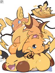  &gt;_&lt; absurdres alolan_raichu blue_eyes closed_eyes closed_mouth evolutionary_line fang highres mega_pokemon mega_raichu_x mega_raichu_y multiple_tails no_humans open_mouth orange_bag orange_fur pichu pikachu pokemon pokemon_(creature) pokemon_focus pokemon_legends:_z-a polynimuri raichu regional_and_normal smile tail very_long_ears very_long_tail yellow_fur 