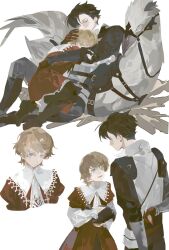  2boys ambrosia_(ff16) arm_behind_back bird black_boots black_hair black_jacket blonde_hair blue_eyes boots brothers brown_gloves child chocobo clive_rosfield closed_eyes closed_mouth collar cropped_torso earrings feathers final_fantasy final_fantasy_xvi full_body gloves grey_pants hand_on_another&#039;s_head highres holding holding_feather hug jacket jewelry joshua_rosfield kneeling lokko_nai looking_at_another male_focus multiple_boys multiple_views open_mouth own_hands_together pants red_robe robe short_hair siblings sitting smile upper_body white_background white_collar 