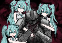  1boy 3girls age_comparison aqua_eyes aqua_hair aqua_necktie armor black_souls black_souls_2 blood blood_from_eyes blood_on_face closed_mouth dot_nose full_armor gauntlets grimm_(black_souls) hand_on_another&#039;s_head hand_on_own_face hatsune_miku heart heart-shaped_pupils helm helmet highres holding holding_another&#039;s_arm knight long_hair looking_at_another meme multiple_girls necktie open_mouth parody ricinus shirt sleeveless sleeveless_shirt sushi_yuusha_toro_(style) symbol-shaped_pupils twintails upper_body vocaloid where_is_alice_(meme) white_shirt 