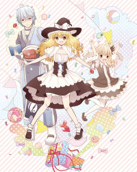  1boy 1girl :d age_comparison aged_down alternate_costume apron arms_up ball beachball black_corset black_dress black_hat black_ribbon black_shoes black_skirt blonde_hair blue_bow blue_pants book boots bow box braid brown_eyes clenched_hand collar commentary_request confetti corset cover cover_page doujin_cover dress fingerless_gloves food frilled_apron frilled_collar frilled_socks frills gloves grey_hair hair_bow hair_ribbon hat hat_bow holding holding_book japanese_clothes kirisame_marisa knees koi light_smile long_hair mary_janes mochi morichika_rinnosuke mushroom open_box open_mouth outstretched_arms pants pantyhose petticoat pink_background pink_bow puffy_short_sleeves puffy_sleeves red_bag red_ribbon ribbon ribbon-trimmed_sleeves ribbon_trim shirt shoes short_hair short_sleeves show_giku single_braid skirt smile socks spread_arms striped_background temari_ball touhou white_boots white_bow white_pantyhose white_shirt white_socks white_wrist_cuffs witch_hat wrist_cuffs yellow_eyes 