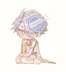  1boy blue_eyes bodysuit brooch cape chibi chibi_only crying crying_with_eyes_open curtained_hair fragile_symbol full_body gold_trim hand_on_knees highres jewelry nice_(to_be_hero_x) notice_lines pout seiza short_hair silly_marron sitting solo sticker sticker_on_hair tears to_be_hero to_be_hero_x white_bodysuit white_cape white_hair 