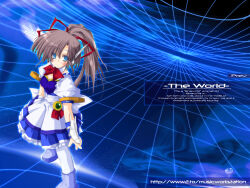  1girl 2000s_(style) abstract_background anime_coloring ankle_boots apron aqua_eyes archived_source arms_at_sides asymmetrical_bangs back_bow bad_link blue_background blue_boots blue_skirt blue_sleeve_cuffs blue_theme blue_tube_top blush boots bow bowtie breasts brown_hair closed_mouth collar detached_collar english_text engrish_text expressionless full_body gem green_gemstone grey_collar hair_between_eyes hair_ribbon half_updo high_ponytail large_ribbon legs_apart long_hair looking_to_the_side mechanical_ears medium_breasts original pantyhose parted_bangs petticoat ponytail puffy_short_sleeves puffy_sleeves ranguage red_bow red_bowtie red_ribbon ribbon robot_ears shinkichi_(usadama) short_sleeves skirt sleeve_cuffs solo space star_(sky) straight_hair strapless tube_top waist_apron waist_bow web_address white_apron white_pantyhose 