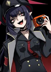  1girl absurdres black_hair black_horns blue_archive breasts camera chiaki_(blue_archive) curved_horns demon_horns digital_camera halo highres holding holding_camera horns long_hair looking_at_viewer nagainegi necktie pandemonium_society_(blue_archive) pointy_ears red_eyes red_halo shirt smile 
