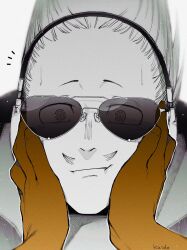  1boy artist_name boku_no_hero_academia eyes_visible_through_eyewear facial_hair hands_on_another&#039;s_face headphones highres kaido_(kaido_ggg) looking_at_viewer male_focus mustache notice_lines pov pov_hands present_mic short_hair straight-on sunglasses 
