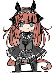  1girl animal_ears black_boots black_skirt blue_eyes boots brown_hair chibi frilled_hairband frilled_skirt frills full_body gloves grey_gloves grey_hairband grey_shirt grey_thighhighs hair_ornament hairband half_gloves horse_ears horse_girl horse_tail kawamochi_(tddm3573) kouno_marika's_silence_suzuka_drawing_(meme) long_hair long_sleeves looking_at_viewer meme parted_lips pleated_skirt puffy_long_sleeves puffy_sleeves shadow shirt silence_suzuka_(umamusume) simple_background skirt smile solo standing tail thigh-highs thighhighs_under_boots umamusume very_long_hair white_background x_hair_ornament 
