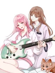  2girls bang_dream! bang_dream!_it&#039;s_mygo!!!!! blush book brown_hair cassius_(pixiv_21496909) chihaya_anon chinese_commentary commentary_request electric_guitar fang flying_sweatdrops fox grey_eyes guitar hand_on_another&#039;s_hand highres holding holding_plectrum hood hoodie instrument long_hair long_sleeves multiple_girls music nagasaki_soyo open_mouth pajamas pants pink_hair playing_guitar playing_instrument plectrum purple_pants purple_shirt shirt shorts simple_background smile teaching textless_version white_background white_hoodie white_shorts yuri 