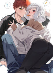  1girl absurdres black_jacket bread bread_slice breasts coat couple eating emiya_shirou fate/stay_night fate_(series) food framed_breasts hair_between_eyes hetero highres jacket leysritt_(fate) open_clothes open_coat open_jacket open_mouth orange_hair raglan_sleeves red_eyes red_hair shirt shokobr short_hair white_coat white_hair white_jacket 