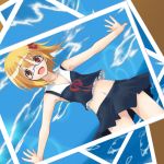  adapted_costume bespectacled blonde_hair cloud fang glasses ichiju ogami_kazuki open_mouth outstretched_arms photo_(object) red_eyes ribbon rumia short_hair smile solo spread_arms touhou 