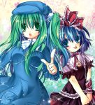  :p anna_(artist) cosplay costume_switch green_eyes green_hair hane_(x20285) hat kagiyama_hina kagiyama_hina_(cosplay) kawashiro_nitori kawashiro_nitori_(cosplay) multiple_girls ribbon tongue touhou 