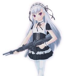  choker gothic_lolita gun hairband lolita_fashion long_hair machine_gun original pantyhose purple_eyes rifle silver_hair very_long_hair violet_eyes weapon yumeutarium 