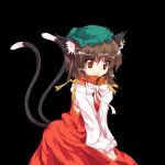  alphes_(style) animal_ears auer brown_hair cat_ears cat_tail chen china_dress chinadress chinese_clothes earrings hat jewelry parody ribbon ribbons short_hair style_parody tail touhou 