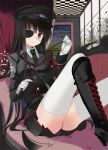  1girl armband black_hair blush boots couch cross-laced_footwear eyepatch gloves hat lace-up_boots long_hair looking_at_viewer military military_uniform necktie original red_eyes riding_crop sitting skirt solo takashina_masato thigh-highs uniform white_gloves white_legwear 