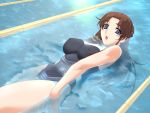  blue_eyes brown_hair competition_swimsuit erect_nipples game_cg gan-chan_(artist) jewelry lane_line lipstick long_hair narushima_ai one-piece_swimsuit open_mouth pool ring swimming swimsuit tsuma_x_tsuma_4 water wet 