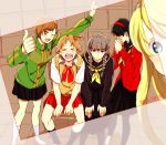  blush crossdressing crossdressinging embarrassed hanamura_yousuke humiliation kimidori kimidori_(mb4) kuma_(persona4) kuma_(persona_4) narukami_yuu pantyhose persona persona_4 photo_(object) pose protagonist_(persona4) satonaka_chie school_uniform seta_souji tears trap 