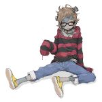  belt brown_hair collar earrings glasses jeans jewelry patches red_eyes screw stitches striped sweater tamaoki_benkyou zombie 
