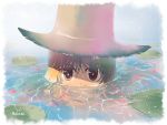  brown_hair goriyaku hat lilies lily_pad moriya_suwako nature reflection submerged touhou water 