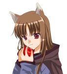  animal_ears animated animated_gif apple apples blush brown_hair closed_eyes eating fang food fruit gif happy holding holding_fruit holo long_hair red_eyes solo spice_and_wolf 