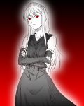  bare_shoulders crossed_arms hime_(kaibutsu_oujo) kaibutsu_oujo kouda_tomohiro lilianne long_hair looking_at_viewer monochrome red_eyes simple_background spot_color tiara 