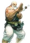  1boy beard blue_eyes dougi facial_hair fighting_stance gouken ikeno_daigo long_hair low-tied_long_hair male muscle mustache official_art old_man ponytail rough scar solo street_fighter street_fighter_iv white_hair 